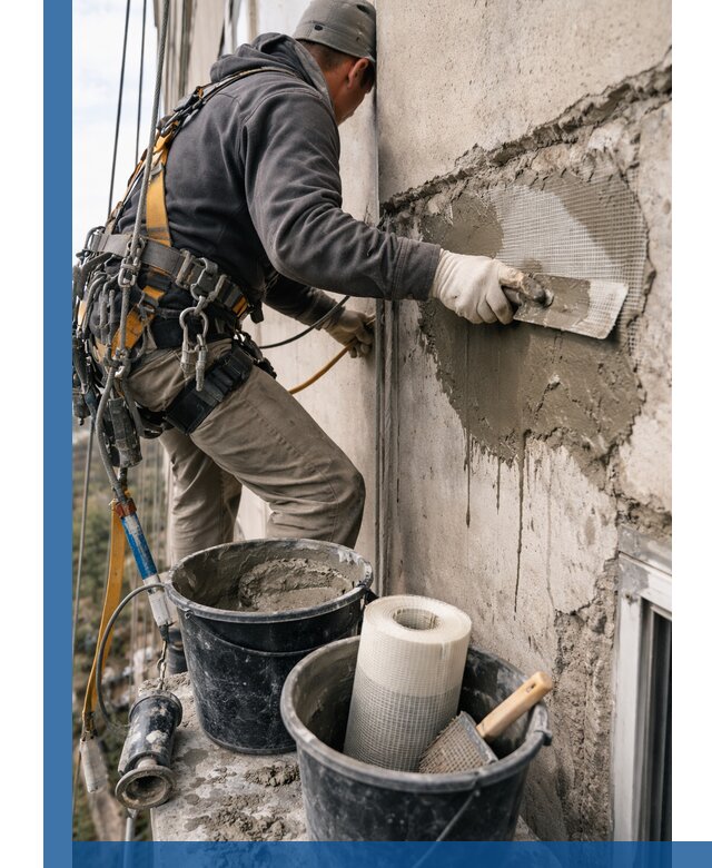 Ремонт бетонных элементов фасада промышленными альпинистами в Тейково