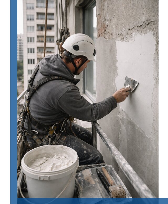 Шпаклевка фасадов на высоте с промальпинистами в Тейково