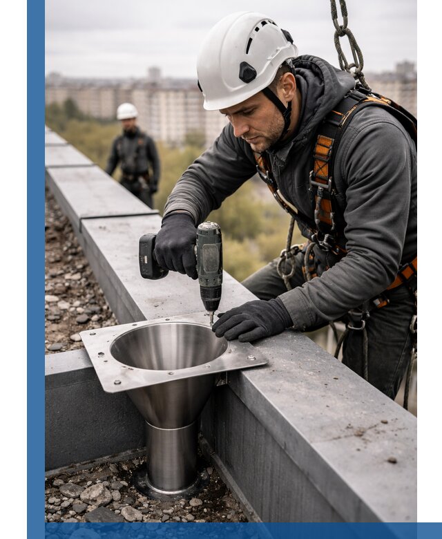 Монтаж водосточных воронок в Тейково для промышленных зданий