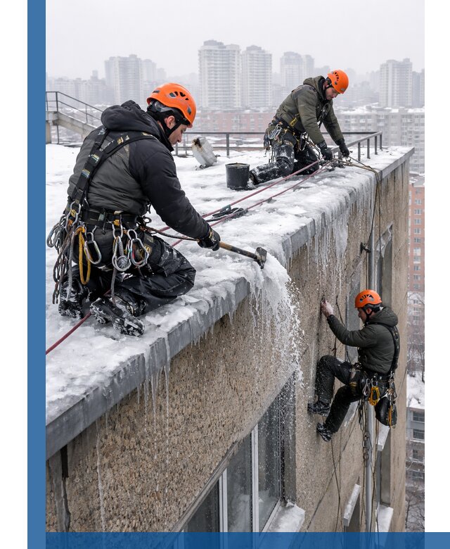 Удаление наледи с кровли в Тейково промышленными альпинистами