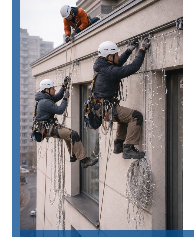 Монтаж праздничных гирлянд на фасаде в Тейково для зданий