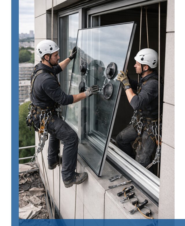 Замена стеклопакетов на высоте с промышленными альпинистами в Тейково