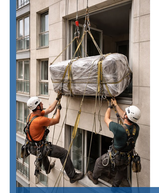 Подъем грузов через окно в Тейково промышленными альпинистами